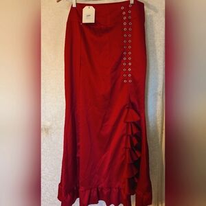 NWT Long Red Skirt‎ Satiny Look w Ruffles And Studs. by Cellabie Sz Large